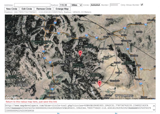Distance from Yellowstone Caldera edge to 6614.68 from Temple Mount